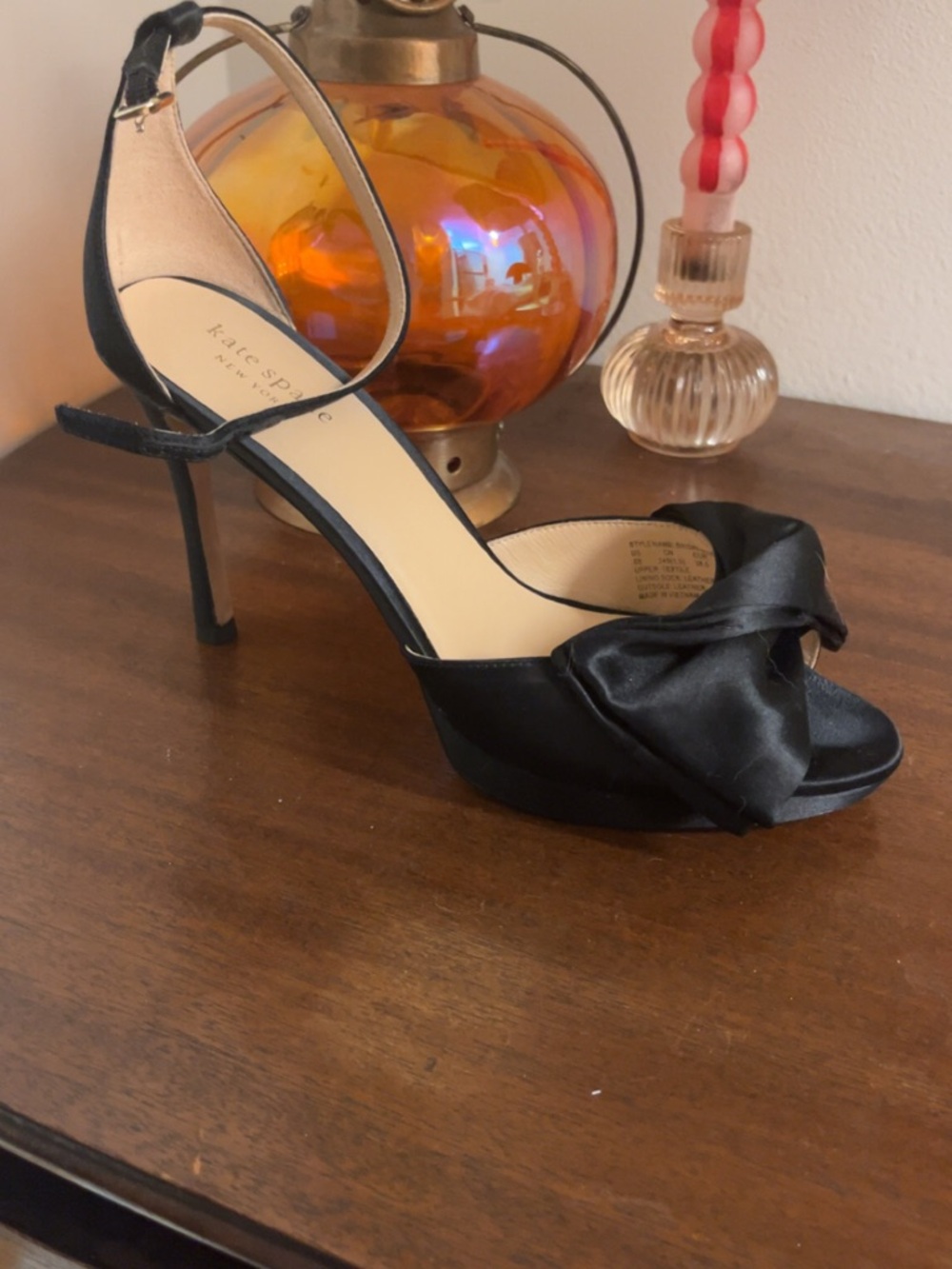 kate spade Black Satin Knotted Peep-Toe Stiletto Sandals